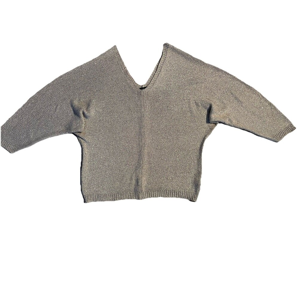 Natacha Paris Metallic Silver Long Sleeve V-Neck Knit Sweater Sz L